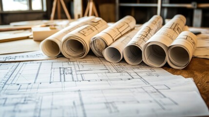 Poster - Conference table with neatly arranged blueprints, financial documents, and business analytics.