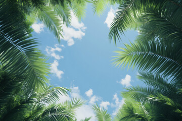 Poster - Green palm fronds frame a bright blue sky with fluffy white clouds, creating a tropical summer scene, showcasing a vibrant and refreshing natural background ideal for travel or vacation themes