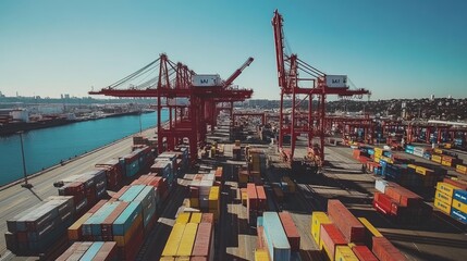 Poster - Giant shipyard cranes lifting massive cargo containers onto vessels.