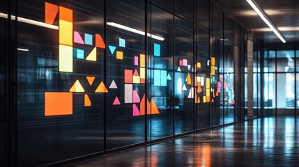 Poster - Glass wall covered with sticky notes and arrows, illustrating an organized business workflow.