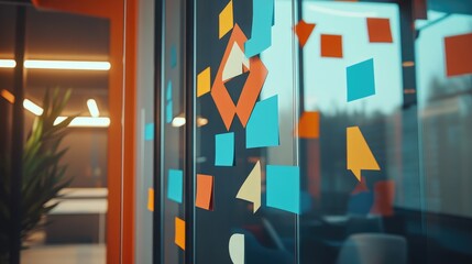 Poster - Glass wall covered with sticky notes and arrows, illustrating an organized business workflow.