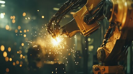 Poster - Heavy-duty robotic arm welding steel structures with bright sparks flying in a factory.