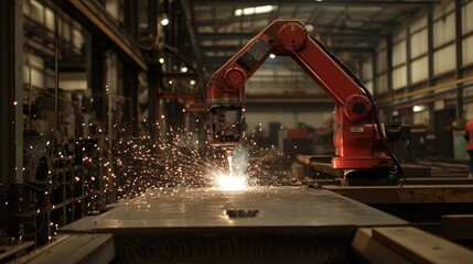 Poster - Heavy-duty robotic arm welding steel structures with bright sparks flying in a factory.