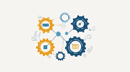Poster - Illustrated infographic of team workflow with interconnected gears and arrows showing collaboration.