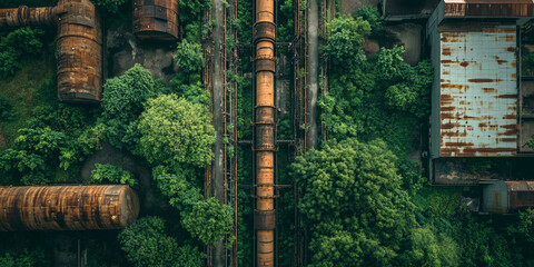 Poster - Aerial view of rusty industrial pipes overgrown with lush green vegetation, showcasing nature reclaiming abandoned infrastructure, symbolizing renewal and environmental regeneration