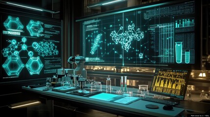 Poster - Lab workstation with micro pipettes, chemical indicators, and a molecular structure diagram.