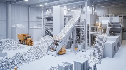 Poster - Large-scale paper recycling plant processing used materials into fresh sheets.
