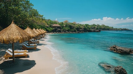 Aufkleber - Soft sand stretches along the coastline, dotted with thatched umbrellas offering shade. The sun sparkles off the clear turquoise waters as lush greenery frames this serene getaway