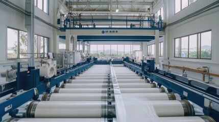Poster - Large steel rollers processing thin metal sheets in an automated facility.