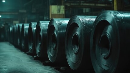Poster - Massive steel rollers processing thin metal sheets in a heavy industry plant.