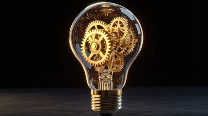 Poster - A 3D-rendered glowing lightbulb with gears spinning inside, symbolizing industry and ideas.
