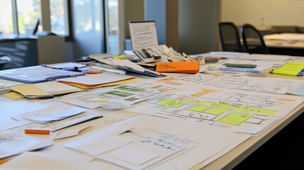 Poster - Office table filled with concept sketches, reports, and highlighters, showcasing creative collaboration.