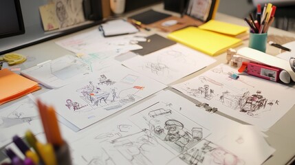 Poster - Office table filled with concept sketches, reports, and highlighters, showcasing creative collaboration.