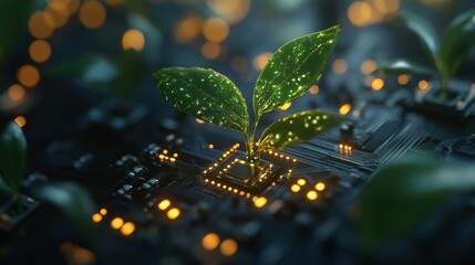 Poster - Glowing green sprout growing from a computer chip.