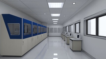 Poster - Pharmaceutical quality control lab with chromatographic analyzers and molecular test results.