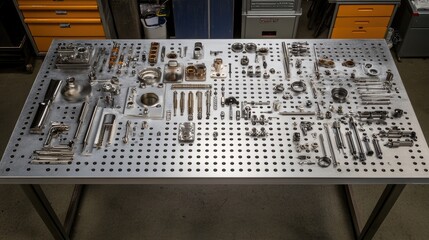 Poster - Precision engineering tools arranged on a metal workbench in an industrial factory.