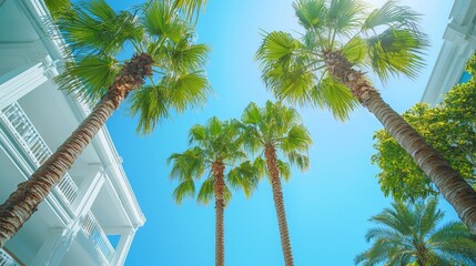 Poster - Towering palm trees stretch toward the clear blue sky, offering a glimpse of tranquility in a tropical oasis. Sunlight filters through the leaves, illuminating the vibrant scene