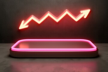 Poster - A glowing neon sign displays an upward trend, symbolizing growth or success, against a dark textured background with a sleek platform below.