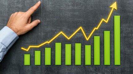 Poster - A hand points to a rising graph on a chalkboard, illustrating growth and progress through green bars and a yellow trend line.