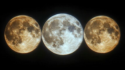 Wall Mural - Three moons one bright, two golden, isolated on black. Lunar variations