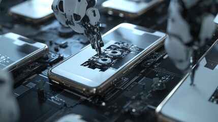 Poster - Smartphone manufacturing process with precision robotic assembly.