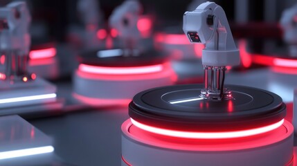 Poster - Smart factory with interconnected industrial robots optimizing production.