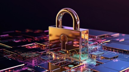 Poster - A cyber security concept with a 3D lock icon and binary code flowing behind it.