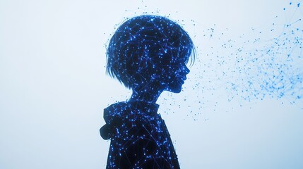 Poster - Blue digital silhouette of a child with particles emanating from the head, representing data or connection.