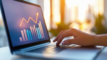 Poster - A hand is poised over a laptop keyboard, displaying a graph with a rising trend, symbolizing data analysis and digital growth.