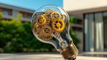 Poster - A futuristic concept of a lightbulb with metal gears inside, representing ideas and mechanics.