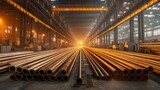 Warehouse filled with long steel rods and metal pipes organized for industrial use.
