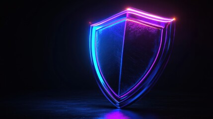 Poster - neon glowing shield, digital security concept.