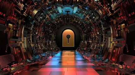 Poster - A high-tech digital lock with neon circuits surrounding it in a futuristic setting.