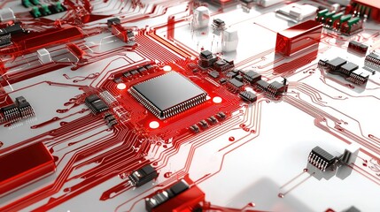 Poster - A high-tech red circuit pattern spreading across a clean white background.