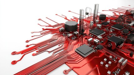Poster - A high-tech red circuit pattern spreading across a clean white background.
