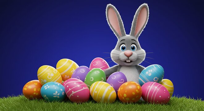 Happy Easter Bunny with many colorful Easter eggs
