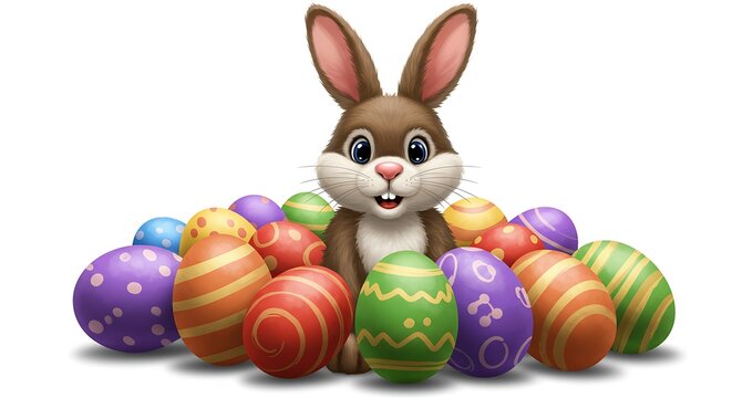Happy Easter Bunny with many colorful Easter eggs