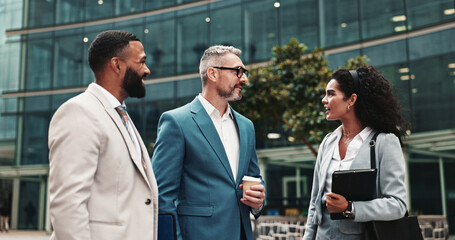Poster - Outdoor, collaboration and colleagues with smile, business and talking to CEO for proposal and discussion. Corporate, intern and woman with ideas for sales, conversation and people with boss in city