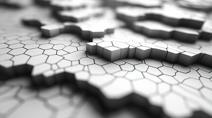Poster - Abstract Hexagon 3D Render:  A grayscale digital art piece showcasing a complex, textured surface composed of interconnected hexagonal shapes, creating a dynamic and visually intriguing landscape.
