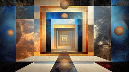 Leinwandbilder - A sleek digital art wallpaper featuring blue abstract geometric patterns and depth.