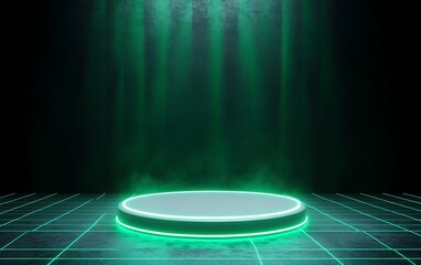 Poster - Ethereal Glow: A futuristic, minimalist platform bathed in vibrant neon green light, set against a dark, textured background. Perfect for product displays.,