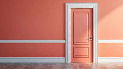 Poster - A beautifully designed door in soft coral color adds warmth to a well-lit room. The elegant frame and polished wood floor create a welcoming atmosphere, perfect for creative exploration