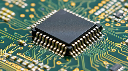 Poster - glass ai chip on circuit board. technology background. cpu processor on tech bg. computer microchip.