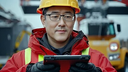 Poster - Engineer Inspects Construction Site While Using Tablet for Data Generative AI