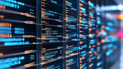 Poster - Digital code displayed on screens showcasing programming language in a modern tech environment