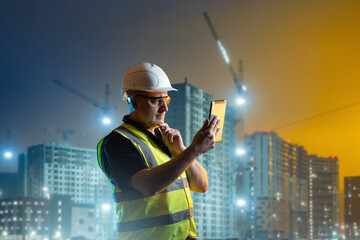 Poster - man builder. architect at construction site. builder with tablet computer and papers. man inspector 