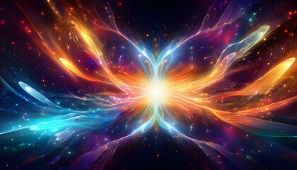 Aufkleber - Vibrant abstract design representing cosmic energy and movement, with radiant colors and intricate lines emanating from a central point