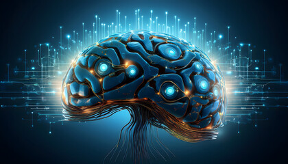 Aufkleber - Futuristic brain design with circuit-like patterns and glowing elements, symbolizing technology and intelligence