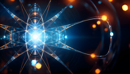 Poster - Abstract digital design featuring an intricate pattern of light and energy, symbolizing scientific concepts like atoms and particles