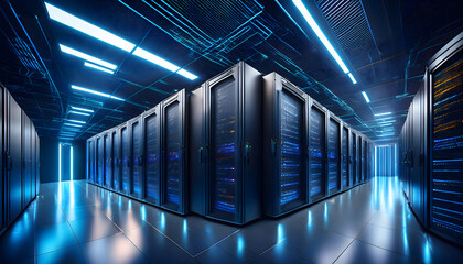 Poster - Futuristic data center with rows of server racks illuminated by blue lights and sleek reflective flooring